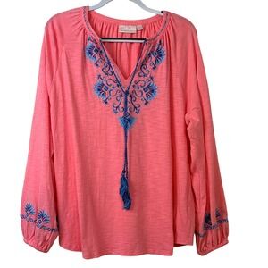 Bellissima Kim Gravel Embroidered Peasant Top Large Coral Pink